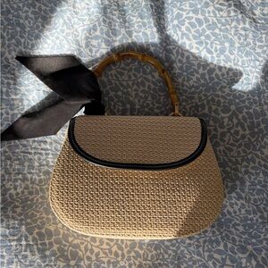 A New Day - Woven Straw Top-Handle Bag with Bamboo Handle - Beige